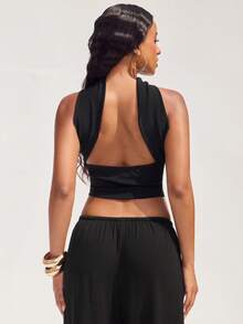 Denimoi Solid Open Back Halter Neck Top Fashion Tops GNO Date Night Brunch Tops Summer Tops Party - Black - View 2
