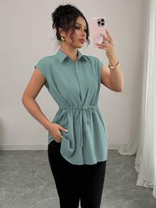 Elenzga Women's Casual Smart Casual Teachers' Day Style Solid Color Shirt Collar Button Down Drawstring Waist A-Line Dropped Shoulder Blouse Top Office - Mint Green - View 6