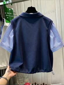 Resyla 女士休闲条纹拼接上衣，适合通勤和日常穿着 - 藏蓝色 - 查看 2