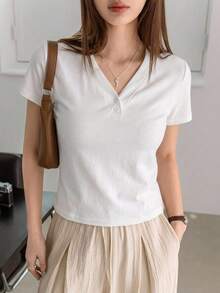 DAZY Solid Half Button Tee,Crop Tops Women - White - View 11