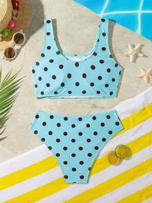 SHEIN Tween Girls' Polka Dot Print Bikini Set, Beach & Resort Style - Multicolor - View 2