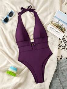 Swim Chiccia Springbreak SXY 女士黑色深V领露背性感连体泳衣，节日波西米亚风 - 紫色 - 查看 2