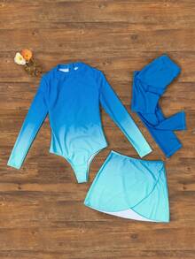 Swim Shayni 女款漸層長袖連身褲與長褲配迷你裙布基尼3件式泳裝套裝，適合夏季度假與海灘 - 藍色 - 查看 3