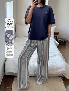 DAZY 2pcs Women Summer Casual Letter Print Loose T-Shirt Top And Striped Pajama Pants Sleepwear Set - Navy Blue - View 1