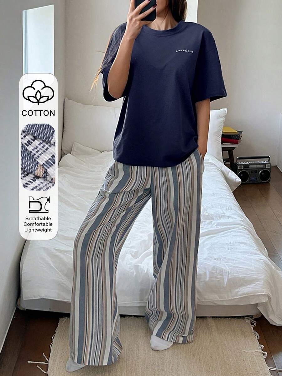 DAZY 2pcs Women Summer Casual Letter Print Loose T-Shirt Top And Striped Pajama Pants Sleepwear Set - Navy Blue - View 1