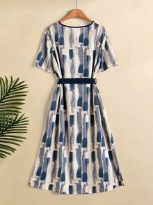 Rusticease Middle-Aged & Elderly Women's Fashion Versatile V-Neck Printed Tie-Waist Dress, Suitable For Vacation - Multicolor - View 2