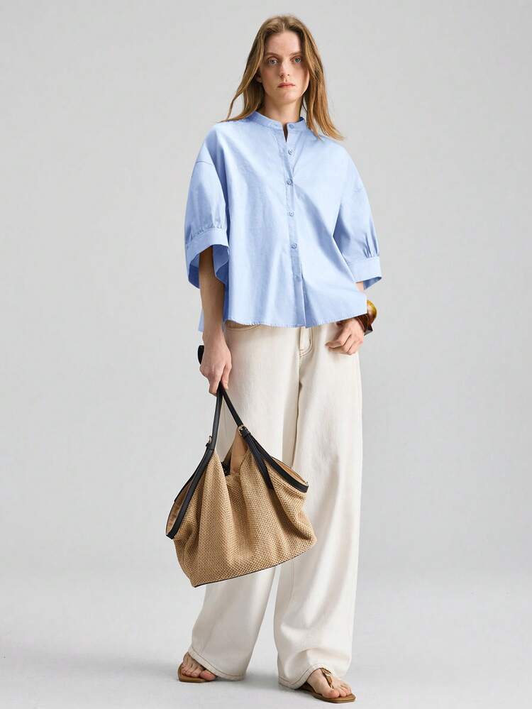 2026 Spring/Summer Round Neck Single-Breasted 3/4 Sleeve Silhouette Women's Top, New 2026 Women's Airport Casual Daily Style Outfit, Waist-Cinched Fitted Version, Cropped Women's Top, Summer Clothing, Casual Business Women's Wear, Versatile All-Match, Flattering Fit, High-Quality Urban Commute Airport Cruise Wear Essential, Suitable For All Seasons, Wedding, Vacation