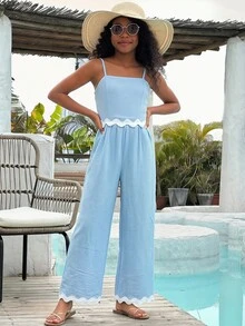 SHEIN Tween Mädchen T-Shirt Co-Ords aus strukturiertem Stoff mit Kontrastsaum, ärmelloses Top & lässig Shorts Set, Blümchen Cami Top & Shorts Set für den täglichen lässig Wear - Babyblau - Übersicht 3