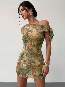 Firerie Women's Sage Green Floral Summer Mesh Mini Dress,Seductive Night Out Asymmetrical Shoulder Elegant Vacation Beach Hawaii Party Graduation Prom - Multicolor - View 7