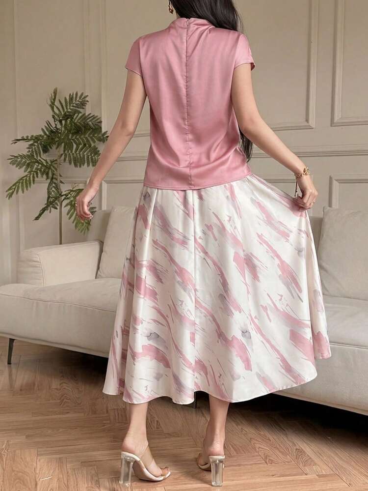 Women's Elegant Solid Color Halter Top And Colorblock Floral A-Line Skirt 2-Piece Set, Summer