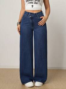 SHEIN PETITE Quần jean ống rộng cạp chéo dành cho nữ, trang phục thường ngày thanh lịch và thoải mái cho mùa hè. Quần jean ống rộng dày dặn cạp chéo dành cho nữ, màu xanh dương. - Màu xanh lam - Xem 7