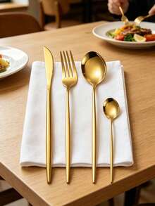Juego de 12 piezas de utensilios de cocina de acero inoxidable, juego de vajilla para servir en buffet y fiestas - Dorado - Ver 7