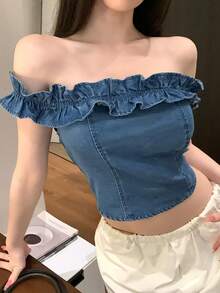 DAZY Vintage Washed Blue Off Shoulder Top With Lace Patchwork, Casual Street Style Denim Blouse For Women, Spring & Summer - Medium Wash - View 2