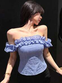 DAZY Blusa elegante de manga corta con volantes y patchwork para mujer, ideal para primavera y verano, fiestas, bodas, días del amante y vacaciones - Azul - Ver 2