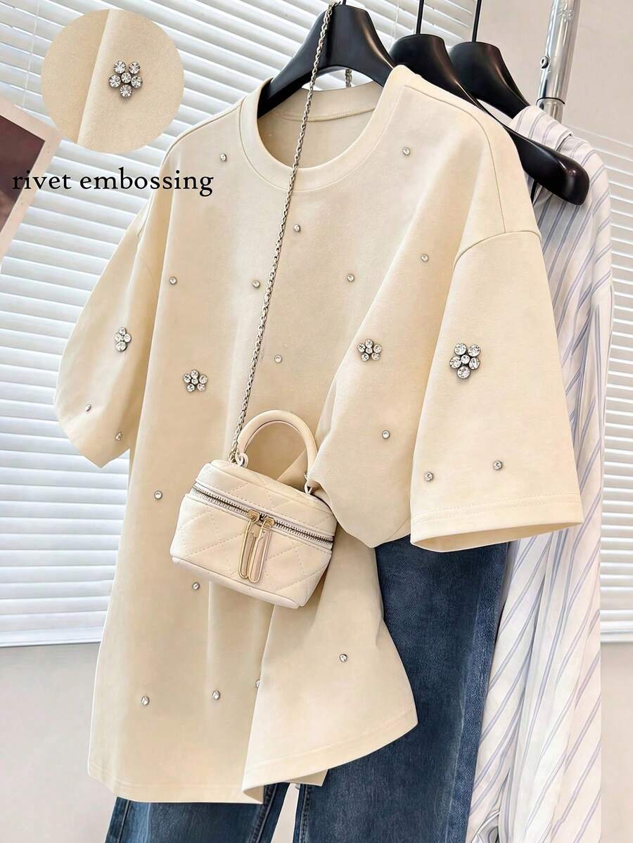 Franclia New Casual Rhinestone Embellished Loose T-Shirt For Women - Apricot - View 1
