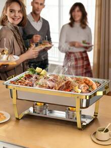 Set Peralatan Makan Hot Pot Ukuran Penuh 8 Quart 1-2-4 Buah, Perlengkapan Penyajian Makanan Stainless Steel dengan Tutup, Baki Makanan, Baki Air, dan Rak Bahan Bakar, Cocok untuk Restoran, Katering, Pesta, dan Pernikahan - Perak - View 5