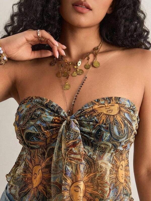 Freevana Atasan Tube Mesh Motif Paisley Ukuran Plus untuk Wanita, Musim Panas, Boho, Liburan, Atasan Pendek Gaya Bohemian untuk Festival Musik, Pakaian Sehari-hari, Liburan, Warna Teal