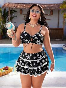 Swim Mod 3pcs/Set Plus Size Women's Star Print Cute Swimwear Set For Summer - Black and White - View 1