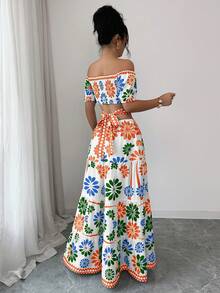 Elenzga Women's Floral Print Off-Shoulder Waist Hollow Out Twist Long Dress, Suitable For Beach, Vacation - Limelight Green - View 2