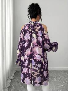 Elenzga 大码女式优雅梭织长袖绣球花数码印花半透明宽松衬衫 - 紫色 - 查看 2