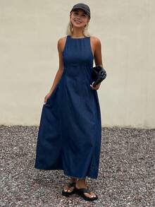 DAZY Đầm denim nữ không tay hở lưng kiểu dáng thường ngày cho mùa hè - Màu xanh lam - Xem 4