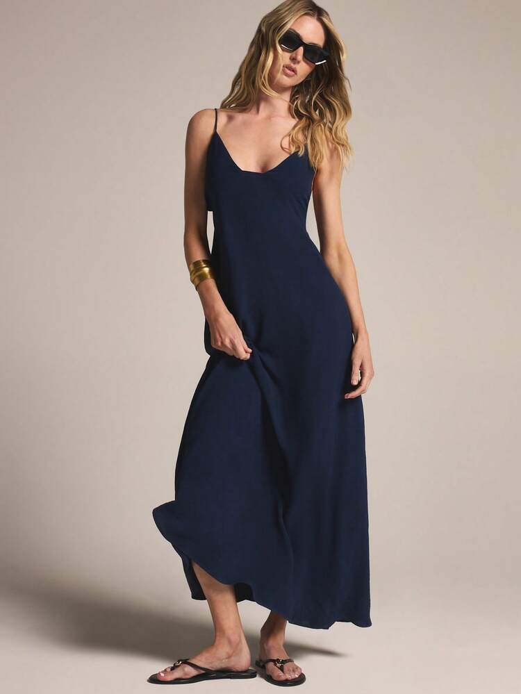 KSTM Women's Navy Cami Strap Maxi Dress With Lace-Up Back Detail Sleeveless Floor Length Summer Evening Dress