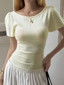 Livesso Áo dệt kim tay ngắn cổ tròn mỏng nhẹ, đa năng, thời trang dành cho nữ - trắng - Xem 6