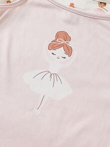 两件套女童家居服吊带无袖连衣裙，夏季蓝色、白色和粉色点缀，可爱芭蕾舞女爱心印花，休闲睡衣，轻盈柔软透气针织面料，舒适亲肤，时尚别致，现代潮流，高品质，百搭可爱舒适睡衣套装，适合日常室内休闲穿着 - 粉色 - 查看 5