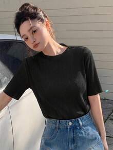 DAZY Camiseta De Punto Acanalado Sólido - Negro - Ver 6