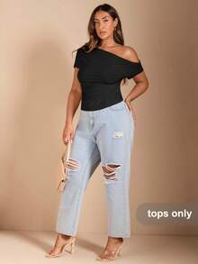 SHEIN BAE Áo thun nữ cỡ lớn tay ngắn hở vai màu đen - màu đen - Xem 4