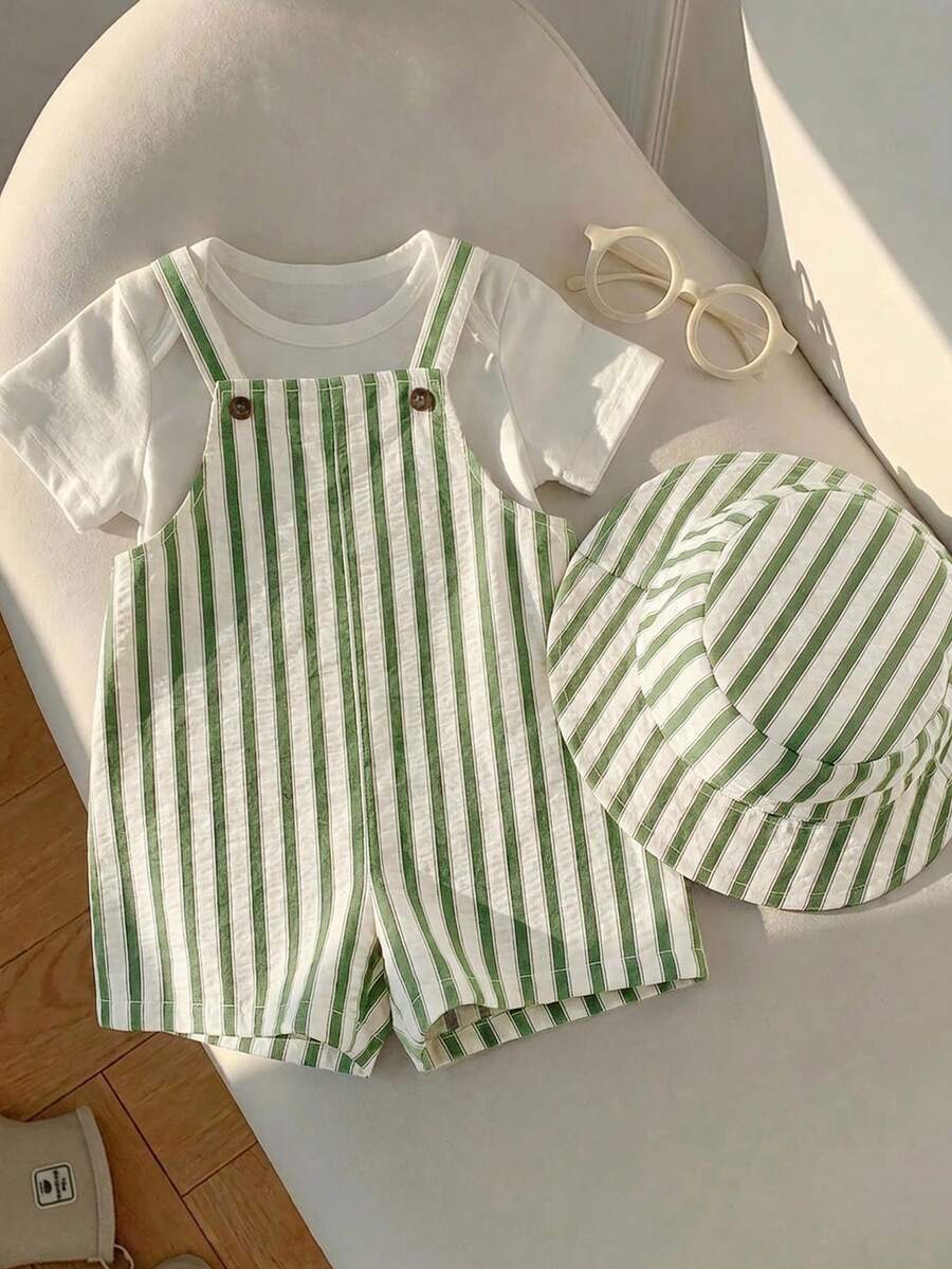 SHEIN 2件套婴儿男女童夏季条纹背带裤和渔夫帽套装,居家、外出、海滩休闲装 - 彩色 - 查看 1