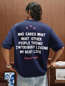 TOKVUE Camiseta suelta con estampado de eslogan blanco de estilo casual de calle - Azul Marino - Ver 7