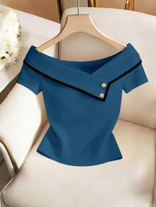 SHEIN Franclia Áo sơ mi nữ màu trơn, áo kiểu trơn, áo trắng mùa hè kiểu Maillard, phù hợp cho sinh viên đại học. - Màu xanh bụi bặm - Xem 4