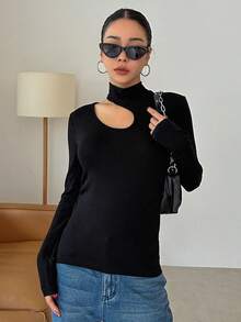 DAZY Cut Out Asymmetrical Neck Tee Going Out Tops,Fall Clothes Long Sleeve Women Tops Turtleneck Women - Black - View 5