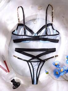 Napfluff 2pcs Denim Effect-Look Women's Lingerie Set, Metal Chain Sexy Bra And Panty Set - Multicolor - View 8