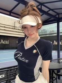 DAZY 休闲学院风字母印花短款露脐T恤，运动衫，音乐节街头服饰，度假户外短袖T恤，女士春夏Y2K风格 - 藏蓝色 - 查看 2