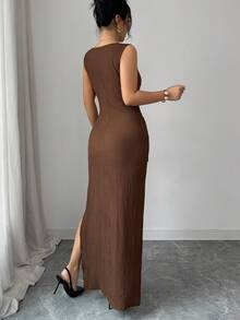 Elenzga New Asymmetric Ruched Draped Metal Buckle Hem Side Slit Bodycon Dress, Square Neck, Slimming, Elegant, Sexy - Brown - View 4