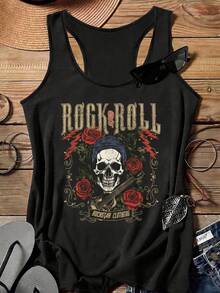 EMERY ROSE Camiseta sin mangas minimalista con gráfico de instrumentos musicales y calavera, adecuada para el verano, para mujeres de talla grande y versátil para festivales de música - Negro - Ver 1