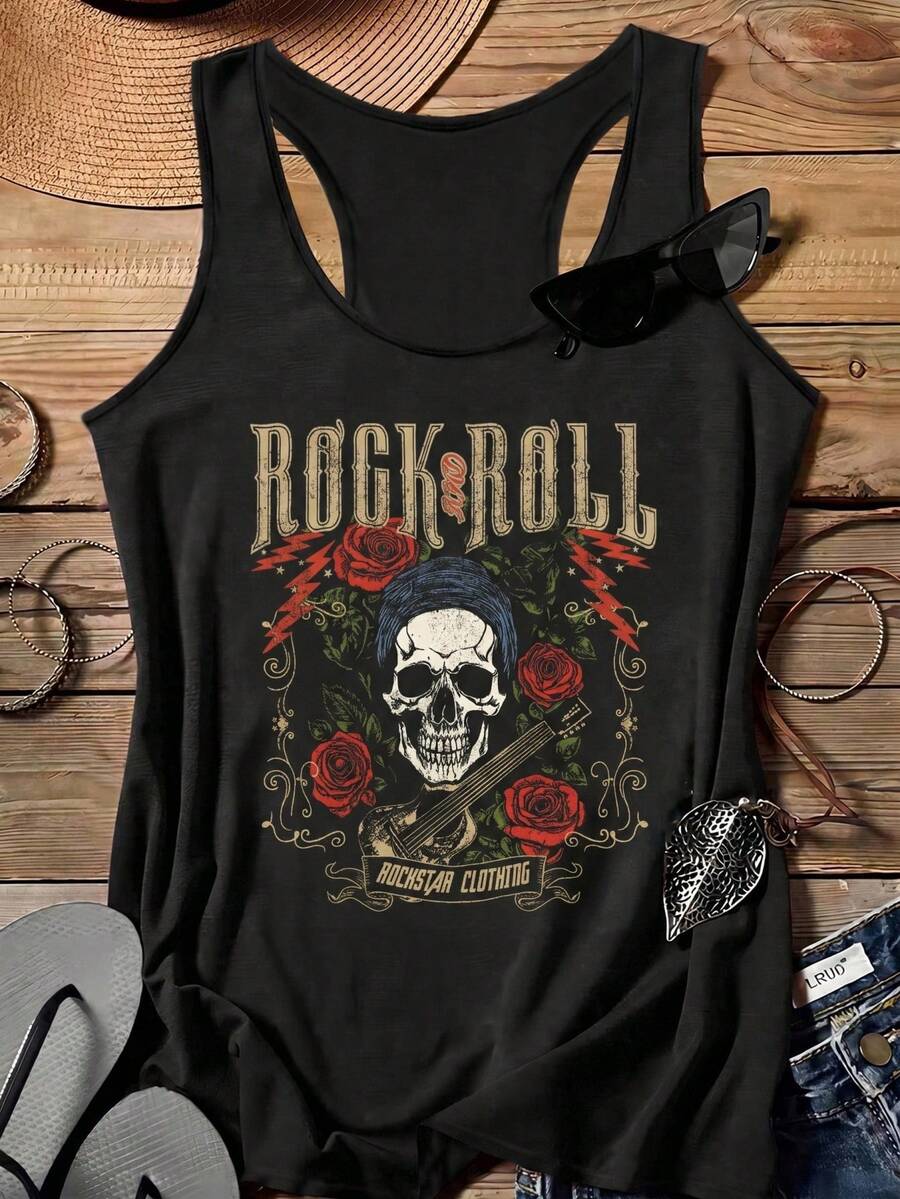 EMERY ROSE Camiseta sin mangas minimalista con gráfico de instrumentos musicales y calavera, adecuada para el verano, para mujeres de talla grande y versátil para festivales de música - Negro - Ver 1