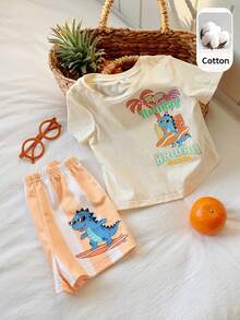 SHEIN Bộ 2 món áo thun ngắn tay và quần short in hình hoạt hình dễ thương cho bé trai/bé gái, bộ quần áo mùa hè cho bé trai. - Màu vàng - Xem 2