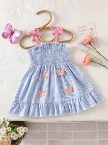 SHEIN 女童无袖褶皱彩色中长连衣裙，休闲公主风，适合度假和聚会 - 淺藍色 - 查看 7