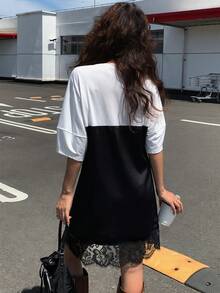 DAZY 女款蕾絲拼接無袖 2 合 1 短袖洋裝 度假夏季款 - 黑與白 - 查看 3