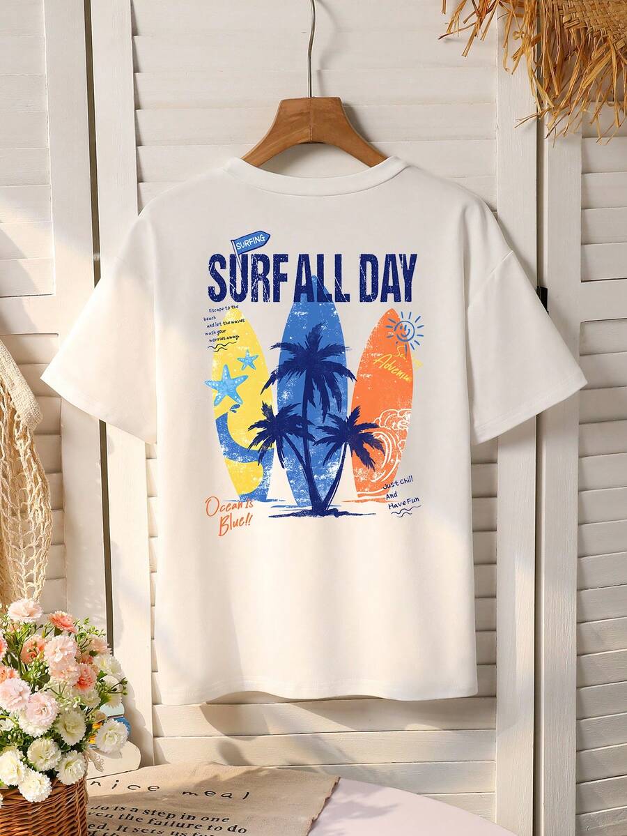 Young BoyT-Shirt With Palm Tree & Letter Print, Casual & Fashionable, Suitable For Spring & Summer - White - View 1