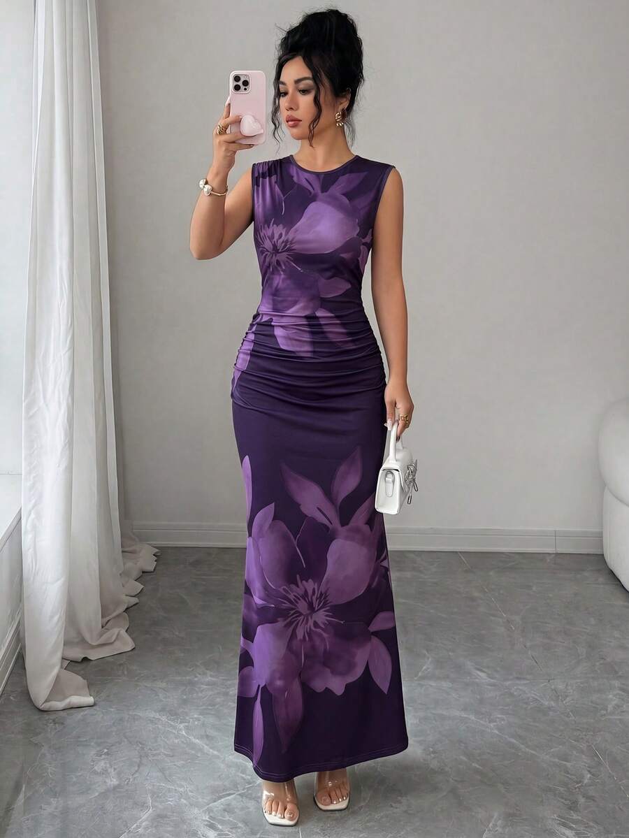 Elenzga 印花度假风圆领无袖花卉简约优雅浪漫修身喇叭下摆连衣裙(女款) - 彩色 - 查看 1