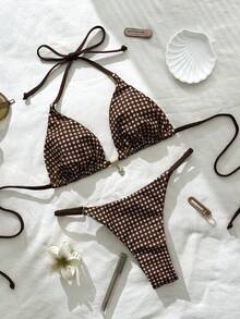 Elavelle Bikini Halter Motif Kotak-kotak Cokelat untuk Wanita dengan Tali Pengikat di Belakang dan Bagian Bawah Model Thong - Coklat - View 4