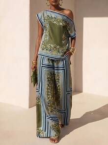 Zivah Women's Green Gingham Summer Boho Tropical European Elegant Holiday Vacation Matching Top A,Casual Bohemian Floral Color Block Print Set - Green - View 2