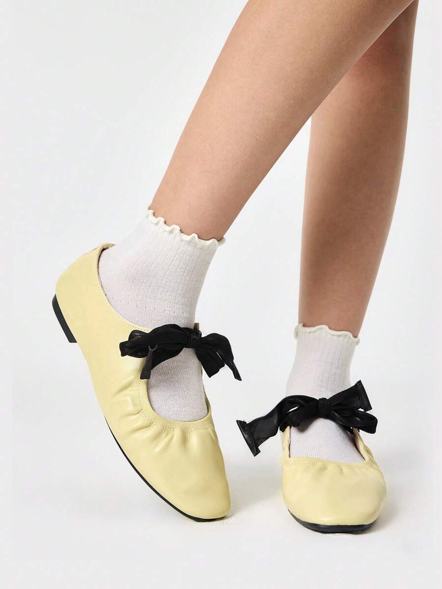 ROMWE Kawaii Giày bệt nữ trang trí nơ, kiểu dáng thường ngày, đa năng, thời trang. - Màu vàng - Xem 1