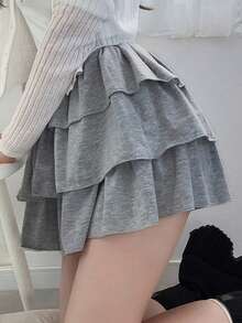 FRIFUL Women's Casual Solid Color Layered Ruffle Hem A-Line Skirt - Grey - View 8