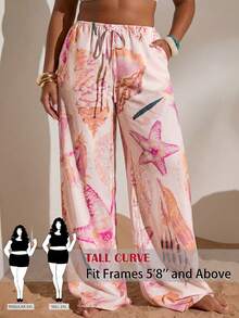 SHEIN Tall CURVE 大码女式时尚百搭海星印花抽绳腰带口袋裤 - 淺粉色 - 查看 10