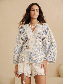 SHEIN Revavyn Cárdigan de punto con patrón geométrico calado, adecuado para usar en la playa y en resorts - Azul y blanco - Ver 7